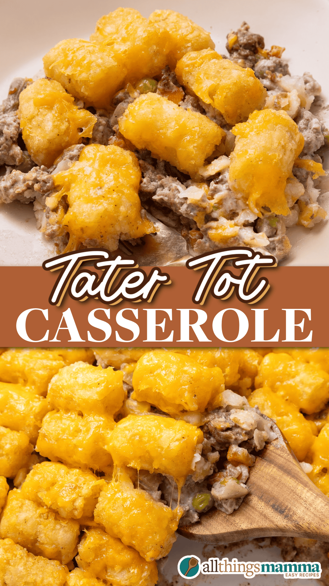 two close up images of tater tot casserole.