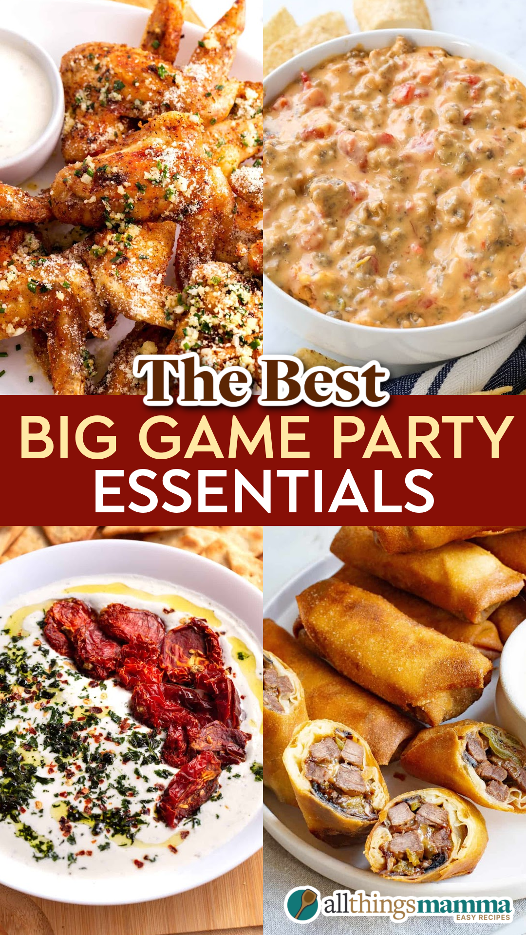 collage image of big game party essentials like garlic parmesan wings, rotel dip, philly cheesesteak egg rolls, and whipped feta cheese dip.