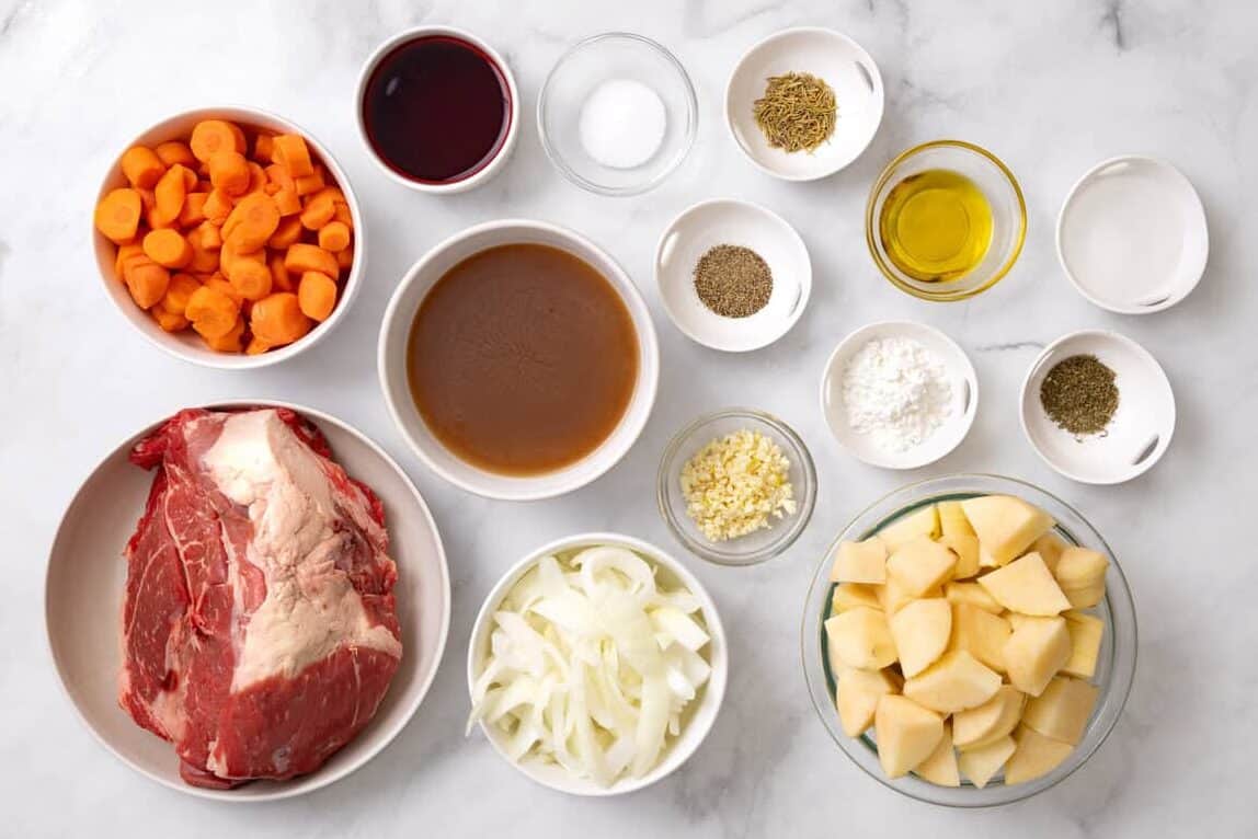 pot roast ingredients on a counter.