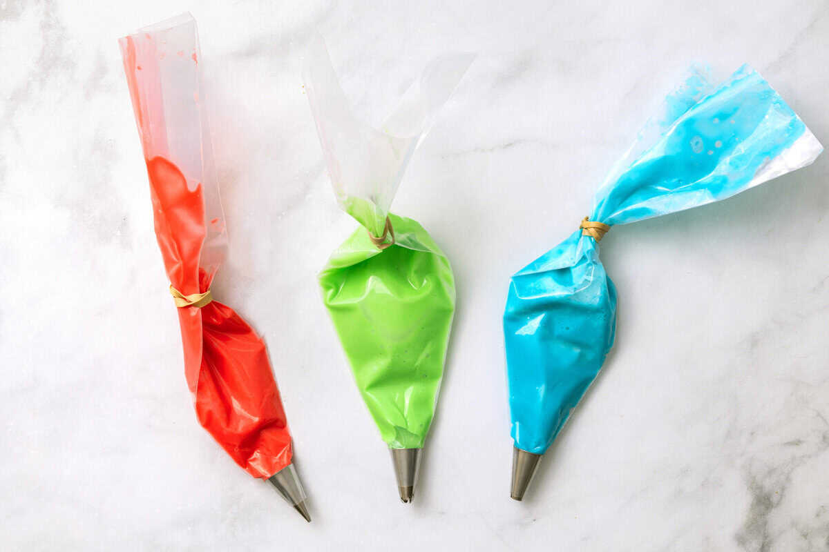 Sugar Cookie Icing in piping bags. 