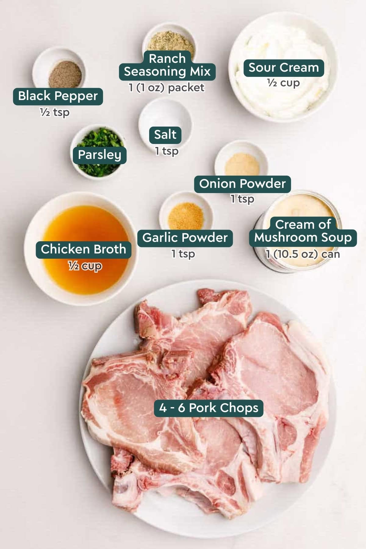 Ingredients for crockpot pork chops: sour cream, ranch seasoning, salt, pepper, parsley, onion powder, garlic powder, mushroom soup, broth, pork chops.