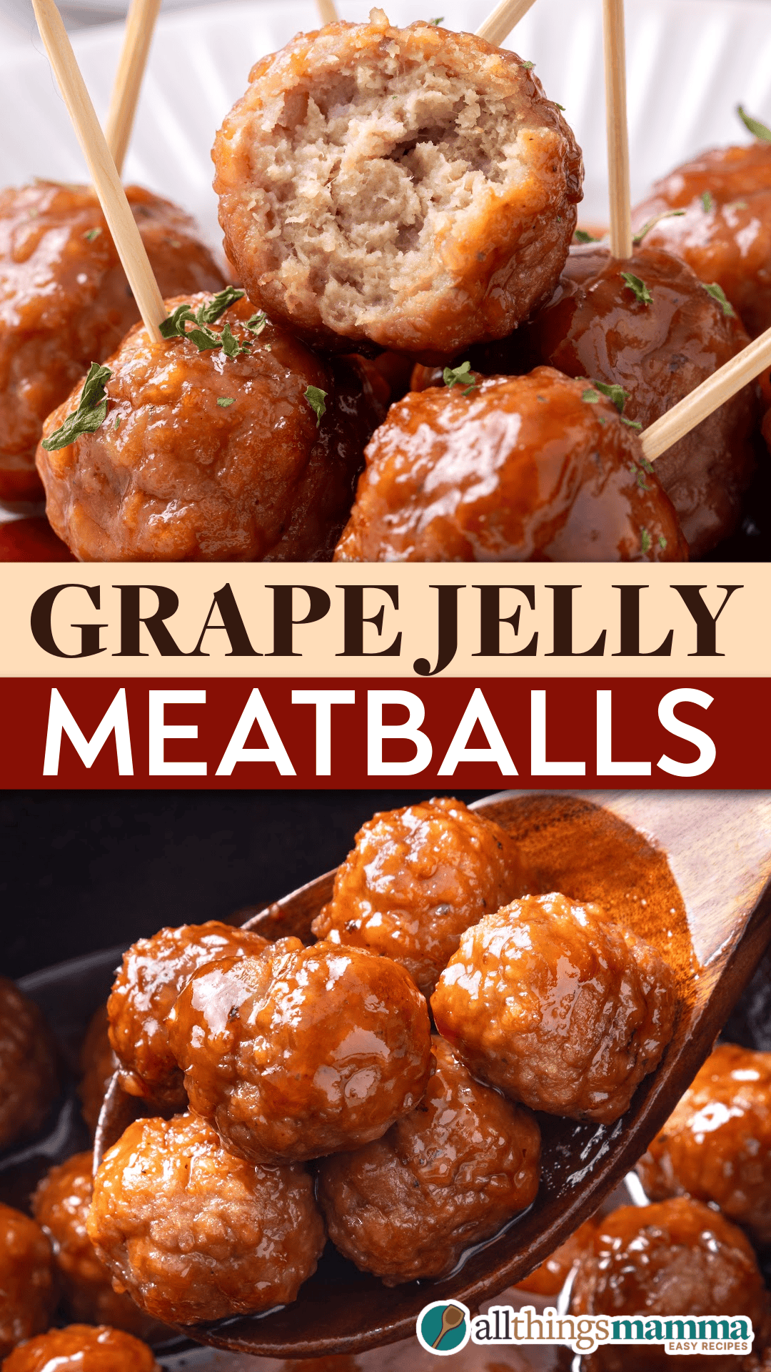 collage image of grape jelly meatballs.