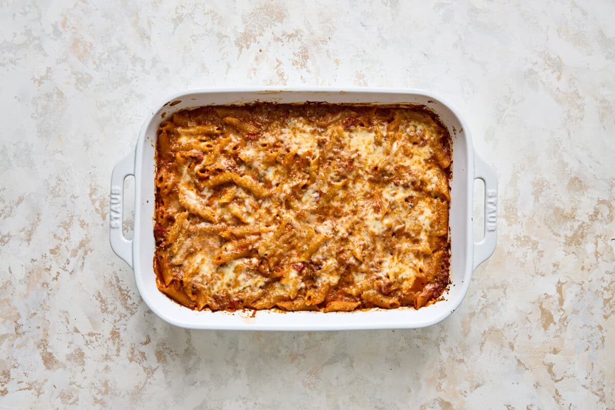 Baked penne pasta casserole.