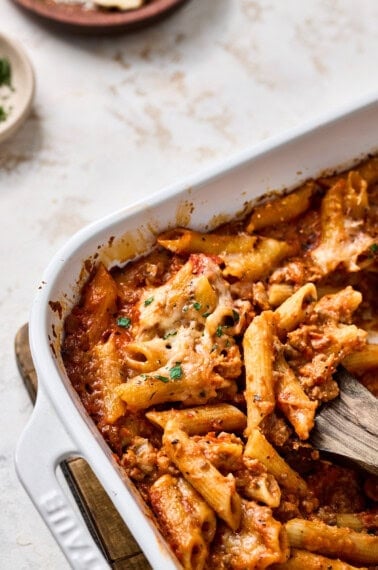 penne pasta bake being scooped.