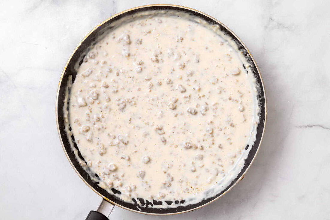 Sausage gravy in a skillet Cooked sausage gravy in a skillet.
