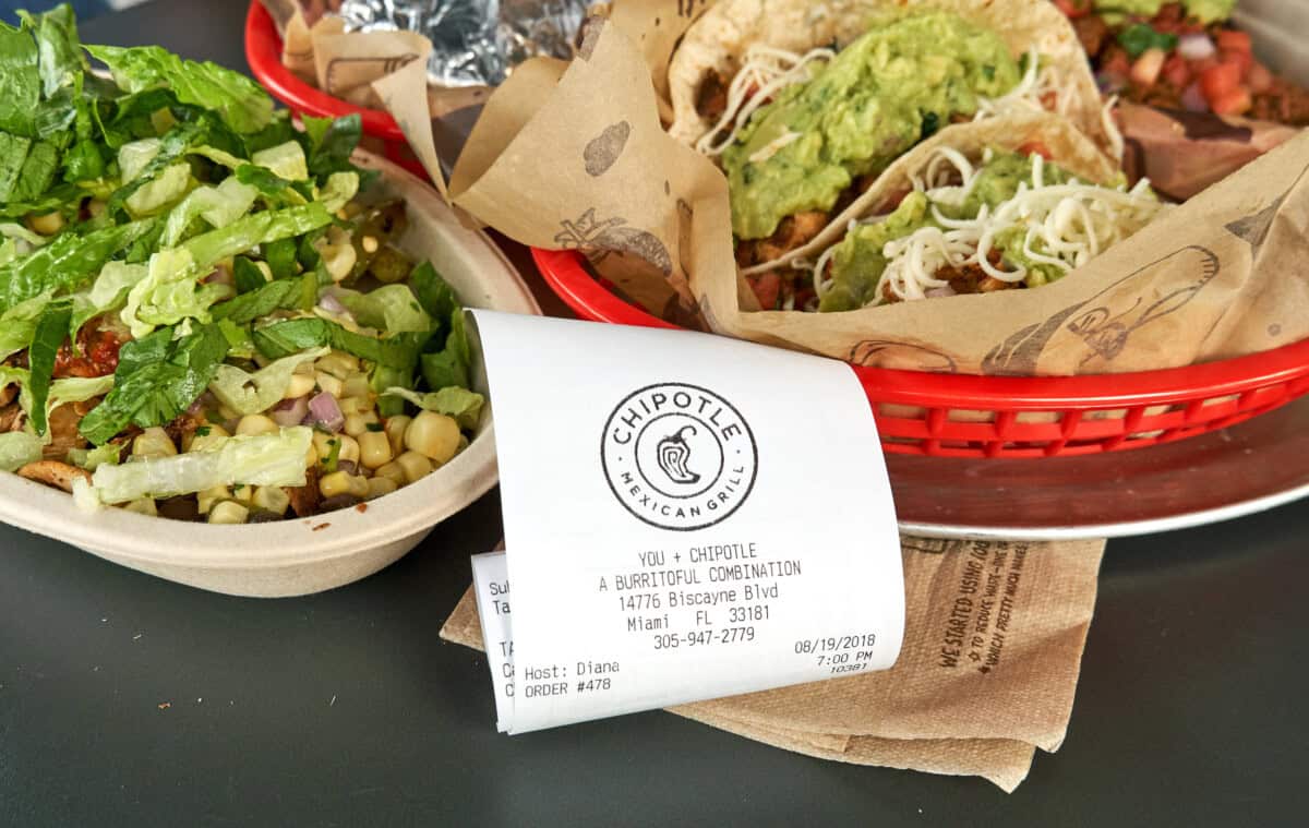 Chipotle Mexican grill order with reciept