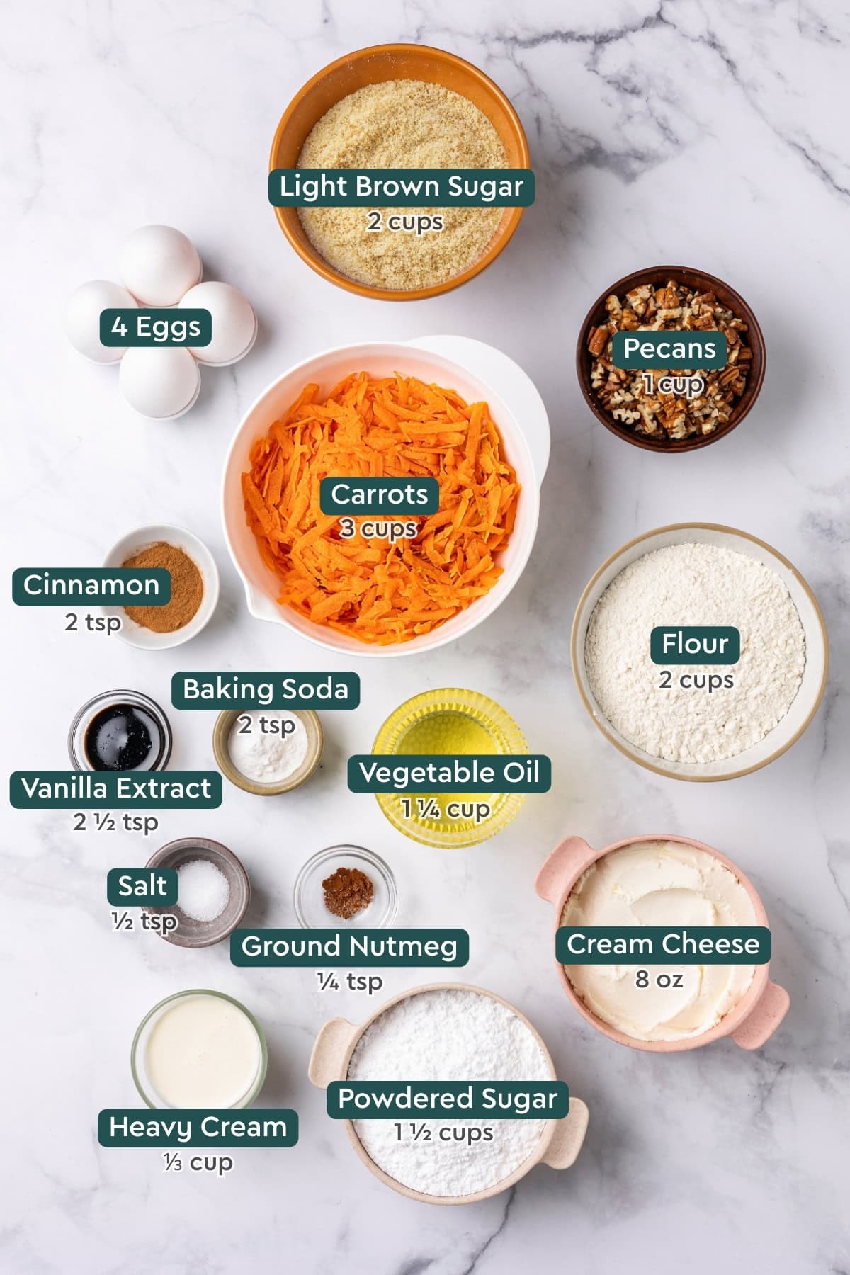 Ingredients for simple carrot cake, including brown sugar, eggs, pecans, carrots, cinnamon, flour, baking soda, vanilla, oil, salt, nutmeg, cream, powdered sugar, cream cheese.
