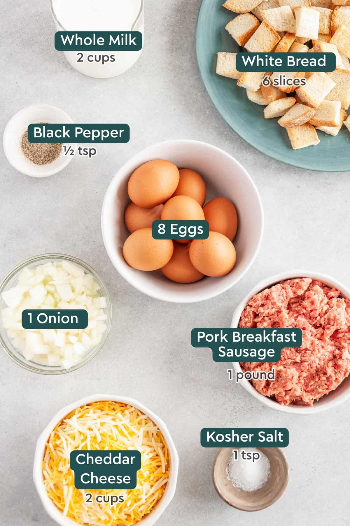 ingredients for sausage, egg, and cheese breakfast casserole. 