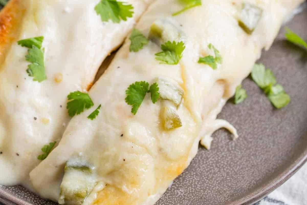white chicken enchiladas on a grey plate