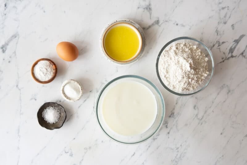 Overhead view of ingredients for homemade pancakes