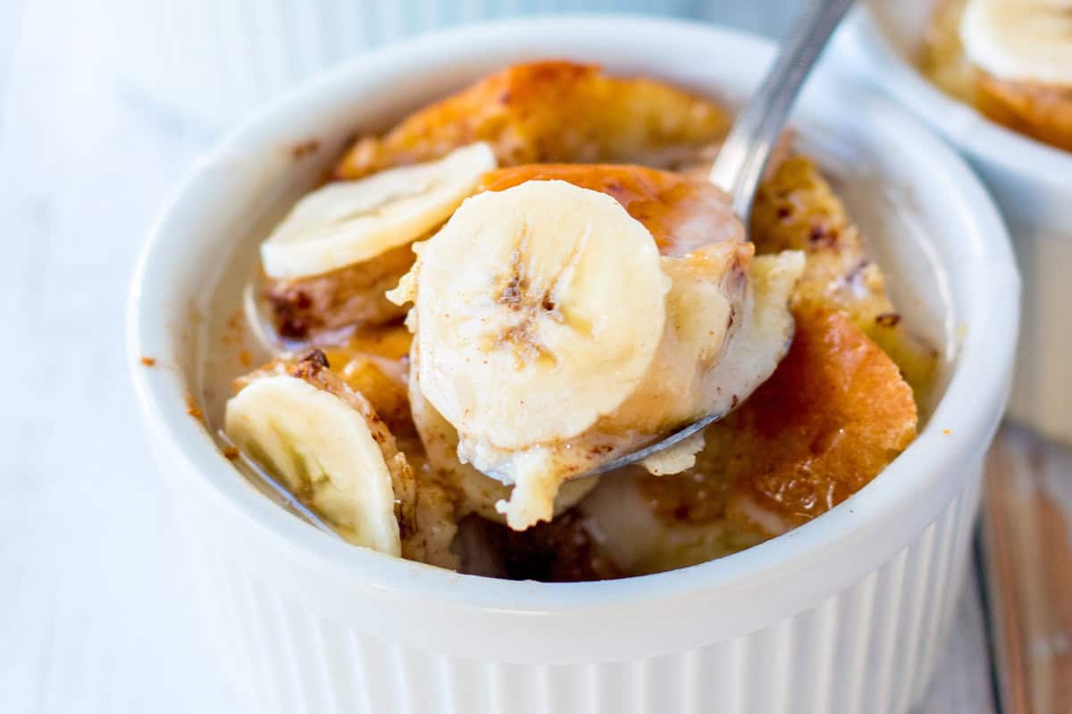 Banana Bread Pudding in white bowl