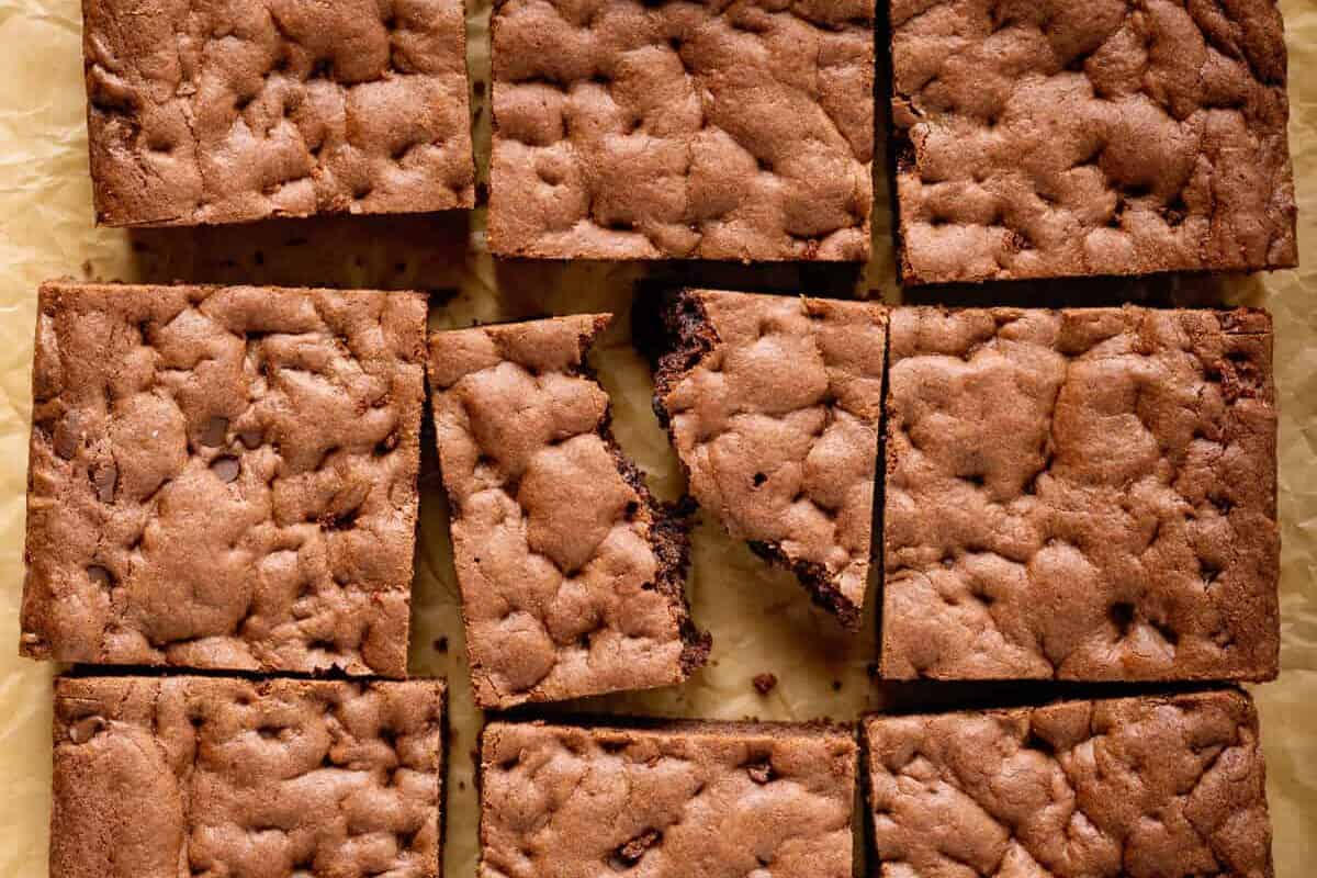 Cake mix brownies on top of parchment paper.