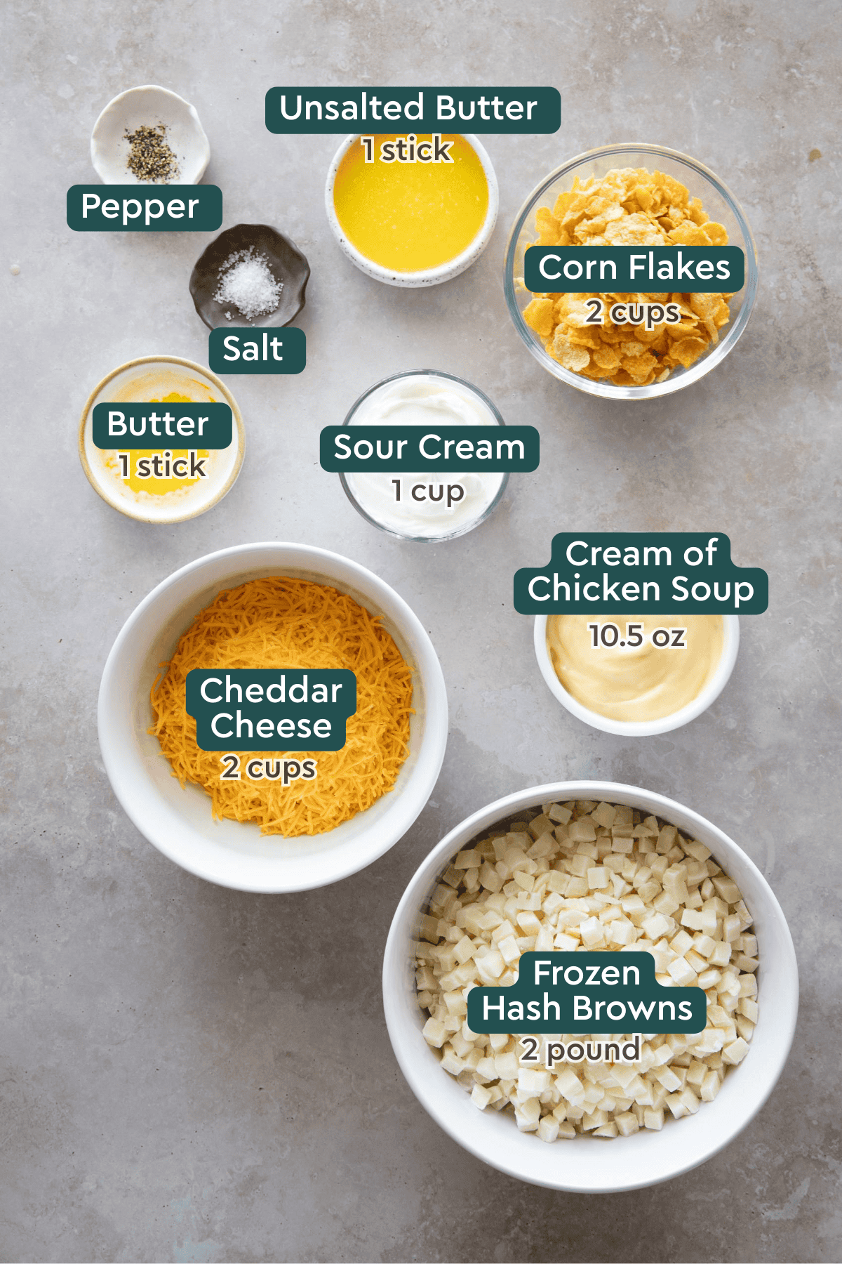 chessy potato ingredients in bowls.