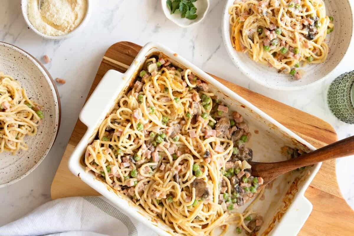 Overhead view of ham tetrazzini in baking dish