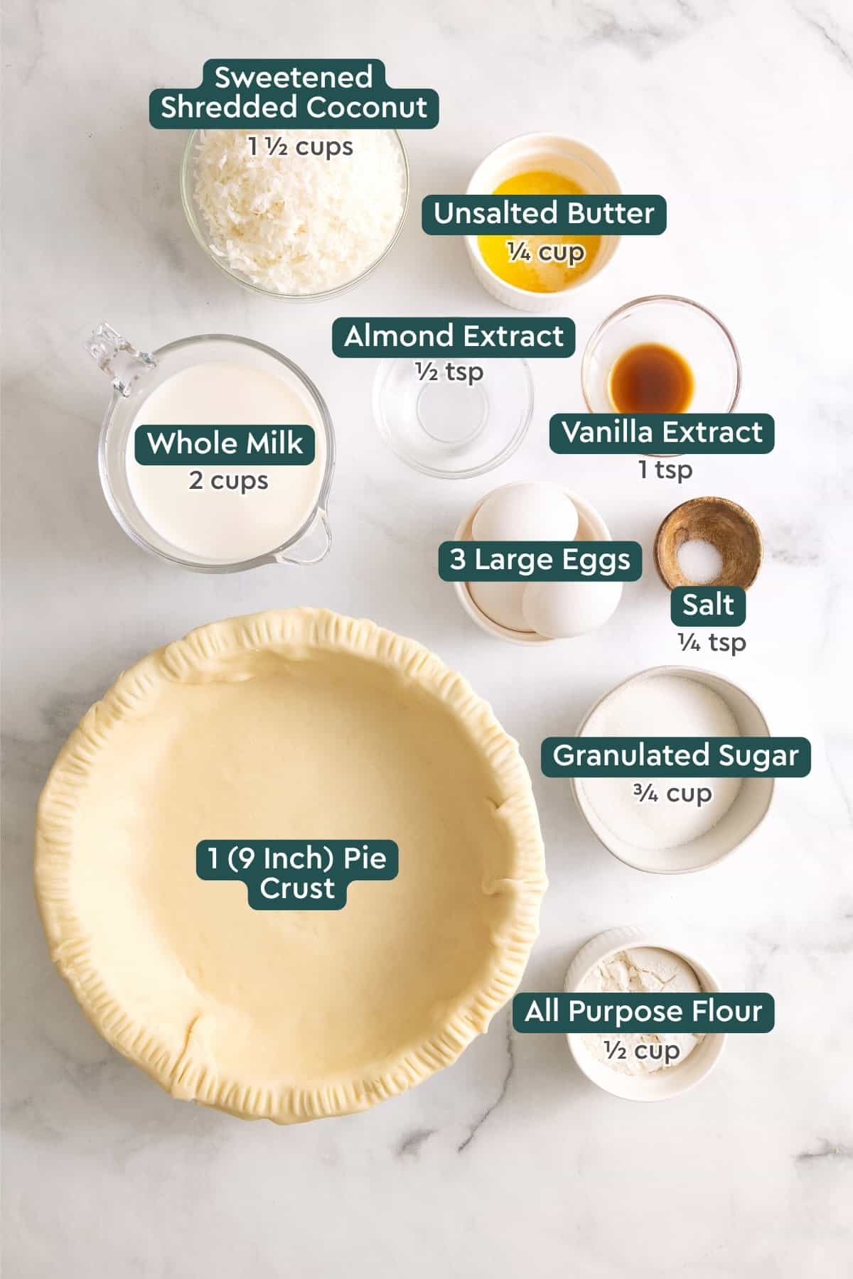 Ingredients for old-fashioned coconut pie, including coconut, butter, almond extract, vanilla extract, milk, eggs, salt, sugar, pie crust, flour.