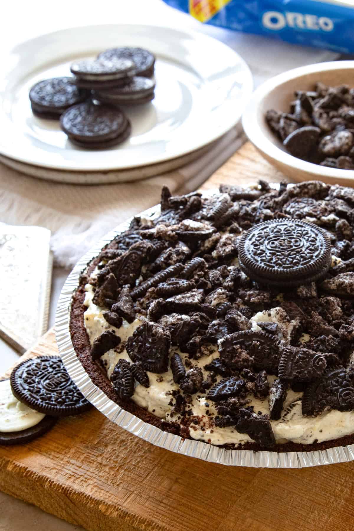full oreo pie on a countertop 