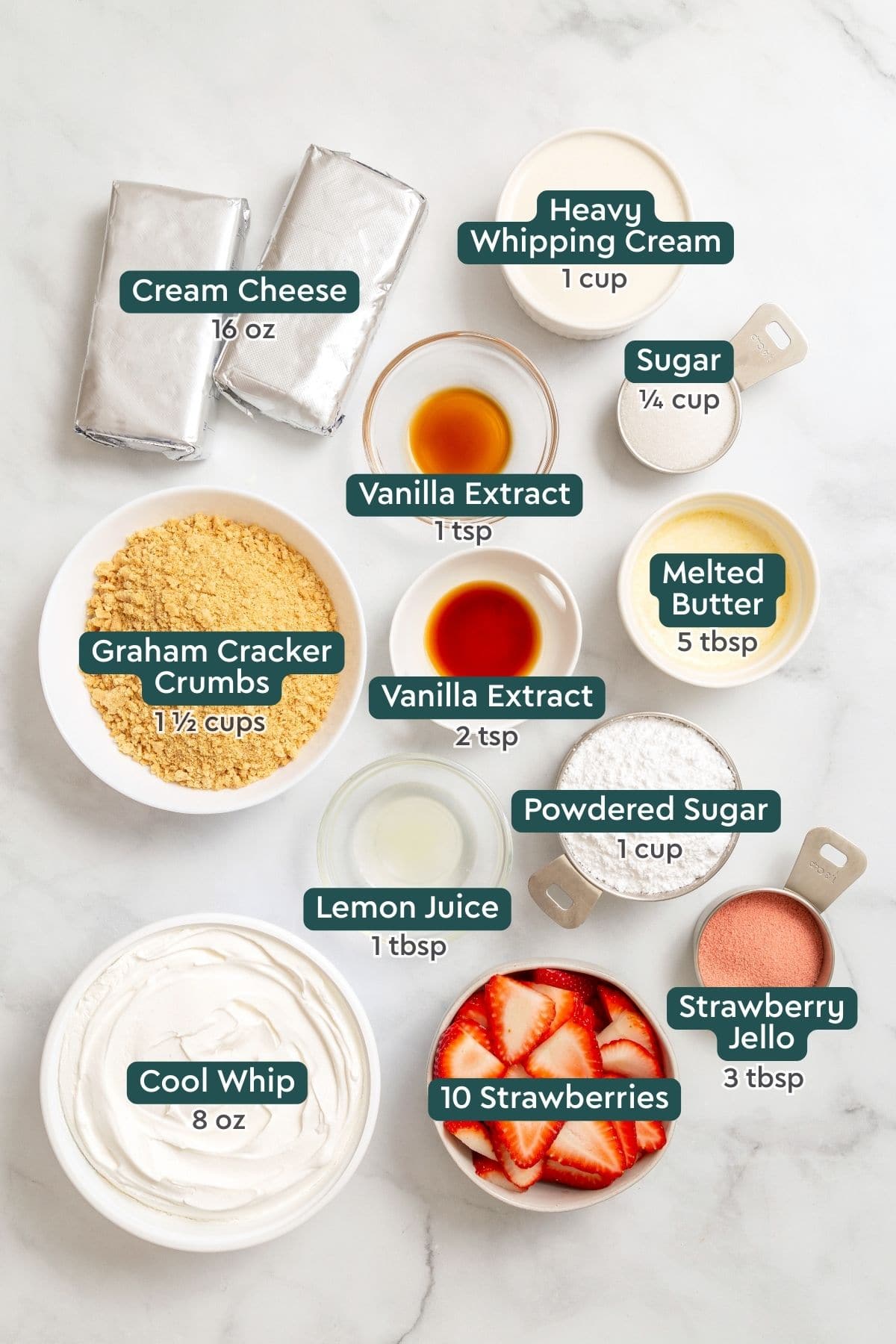 All of the ingredients for strawberry delight dessert in bowls on a white countertop.