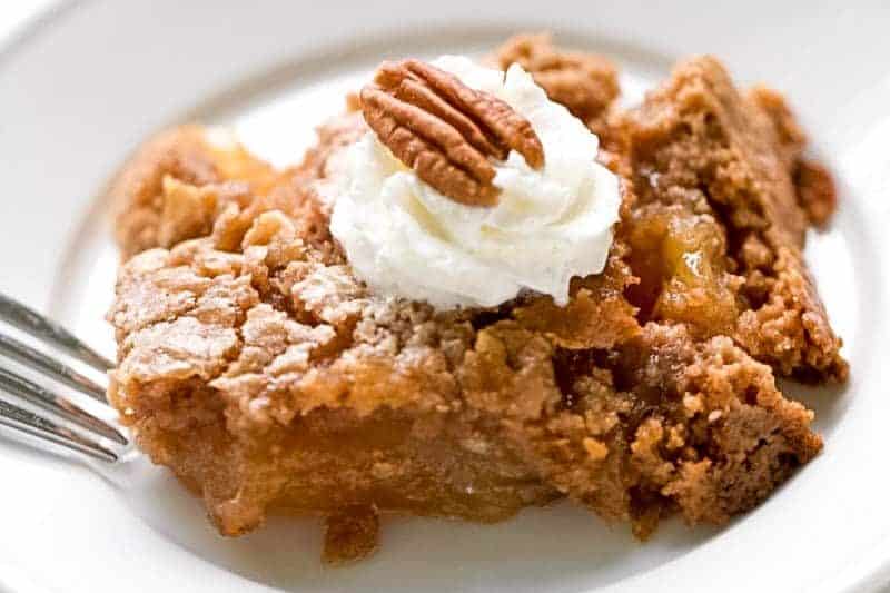 Easy apple pie filling dump cake recipe on a plate.