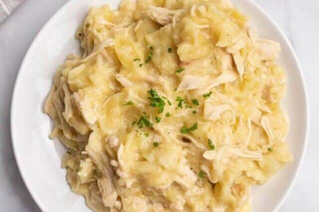 top shot of creamy chicken dish on white plate