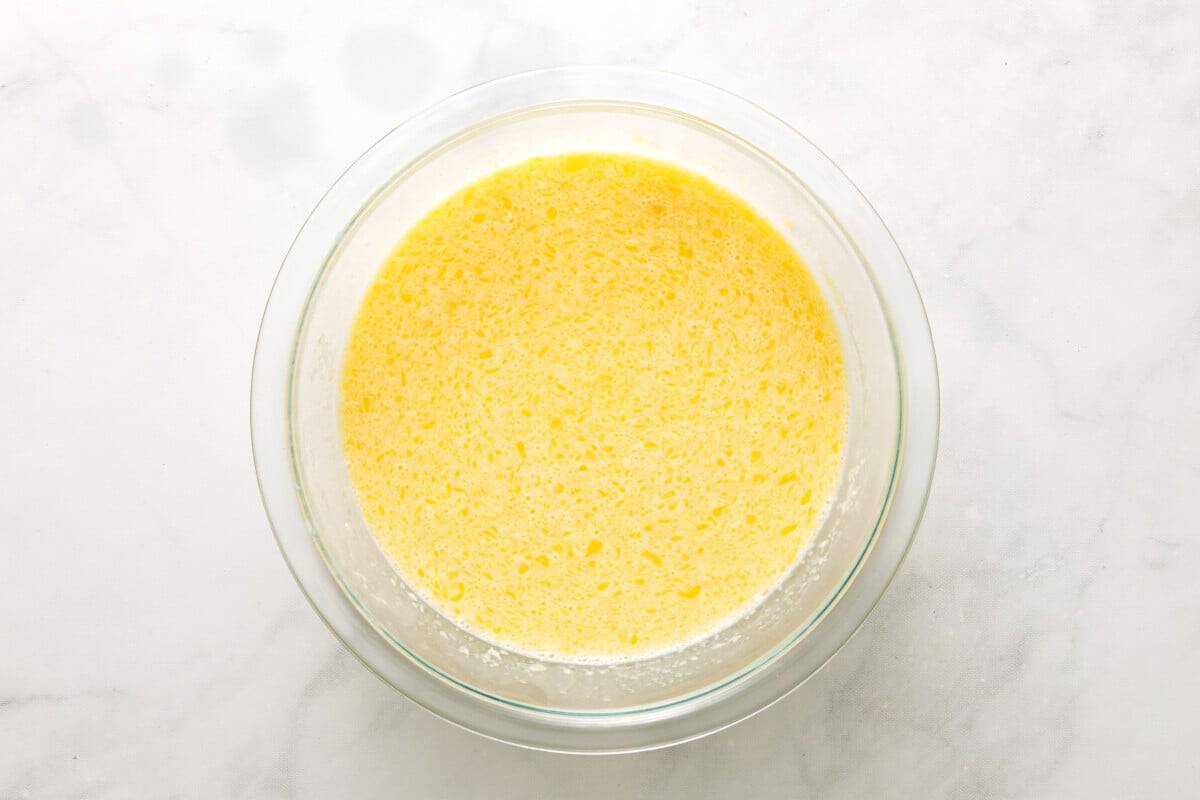 Wet ingredients in glass bowl.