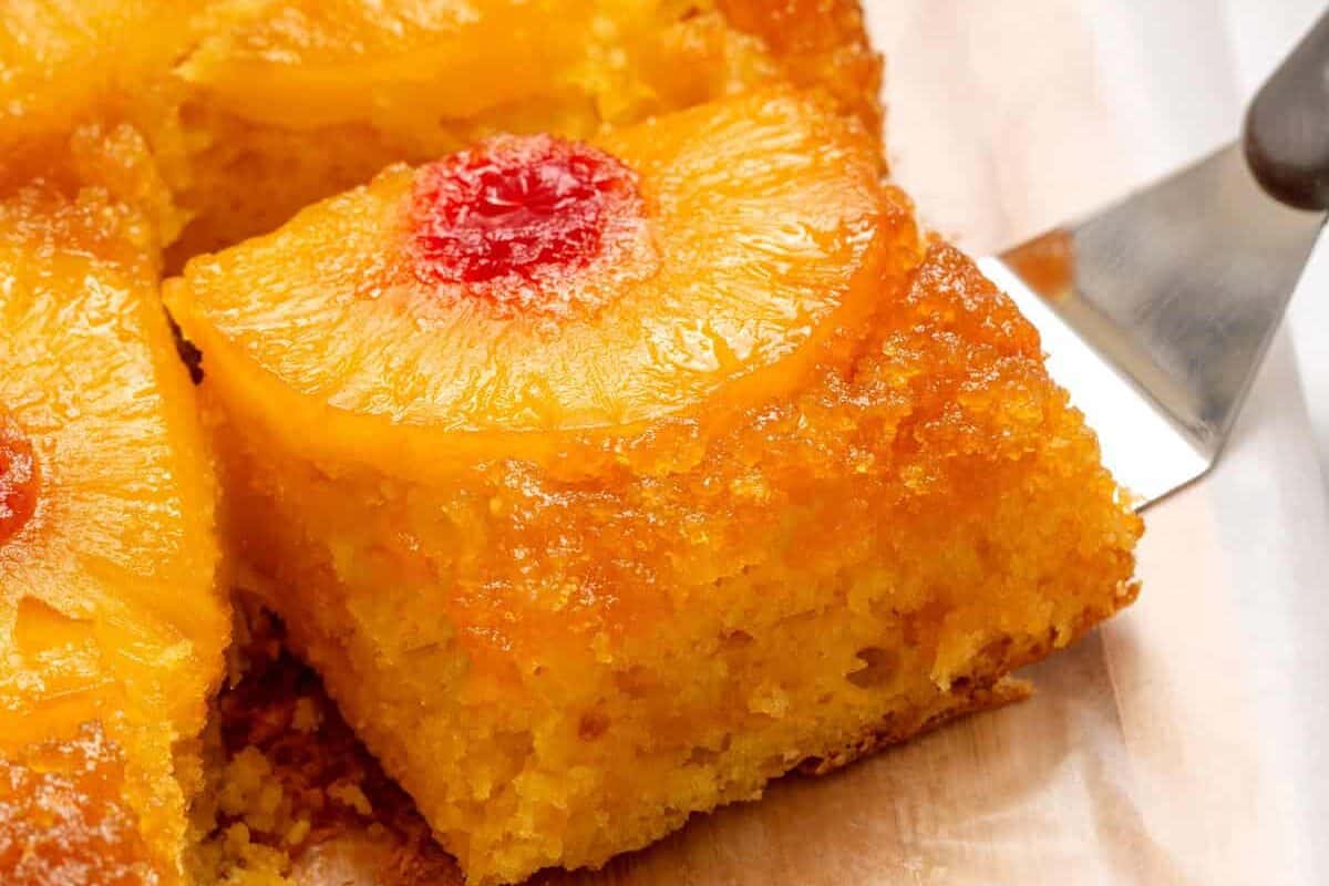 close up picture of one slice of pineapple upside down cake