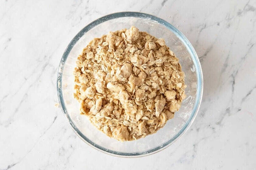 Crumble topping in glass bowl.