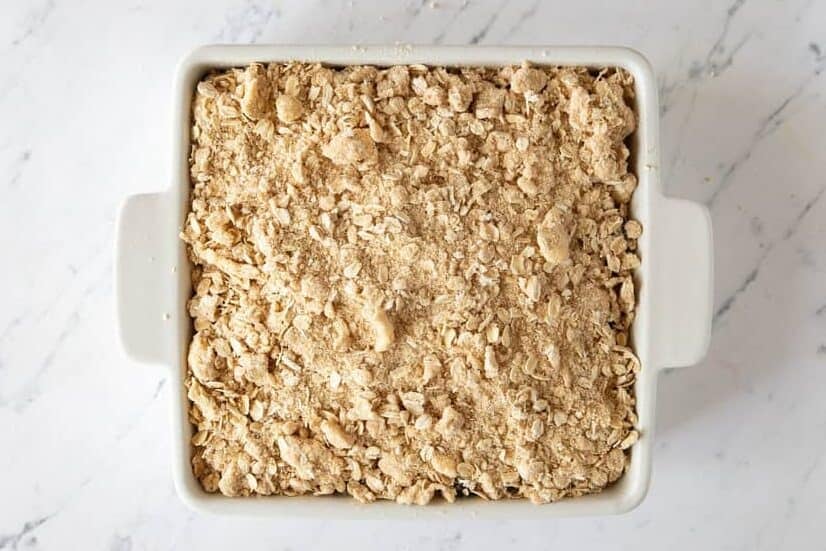 Blueberry crisp in baking dish.