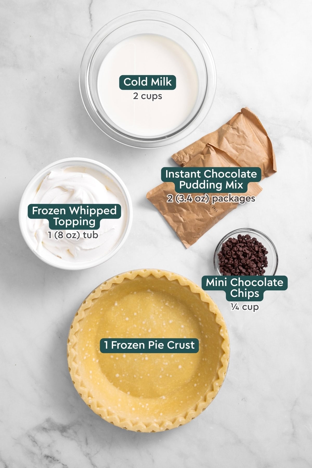 Ingredients for chocolate cream pie, including milk, pudding mix, whipped topping, chocolate chips, frozen pie crust.