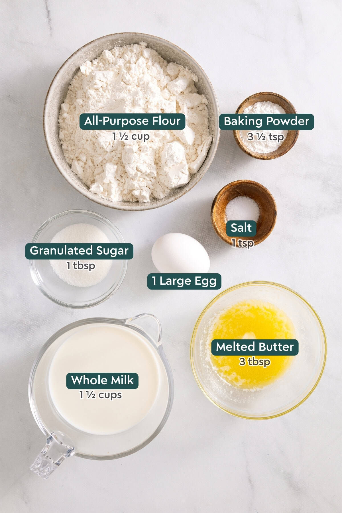 Ingredients for fluffy homemade pancakes, including flour, baking powder, salt, sugar, egg, milk, and butter.