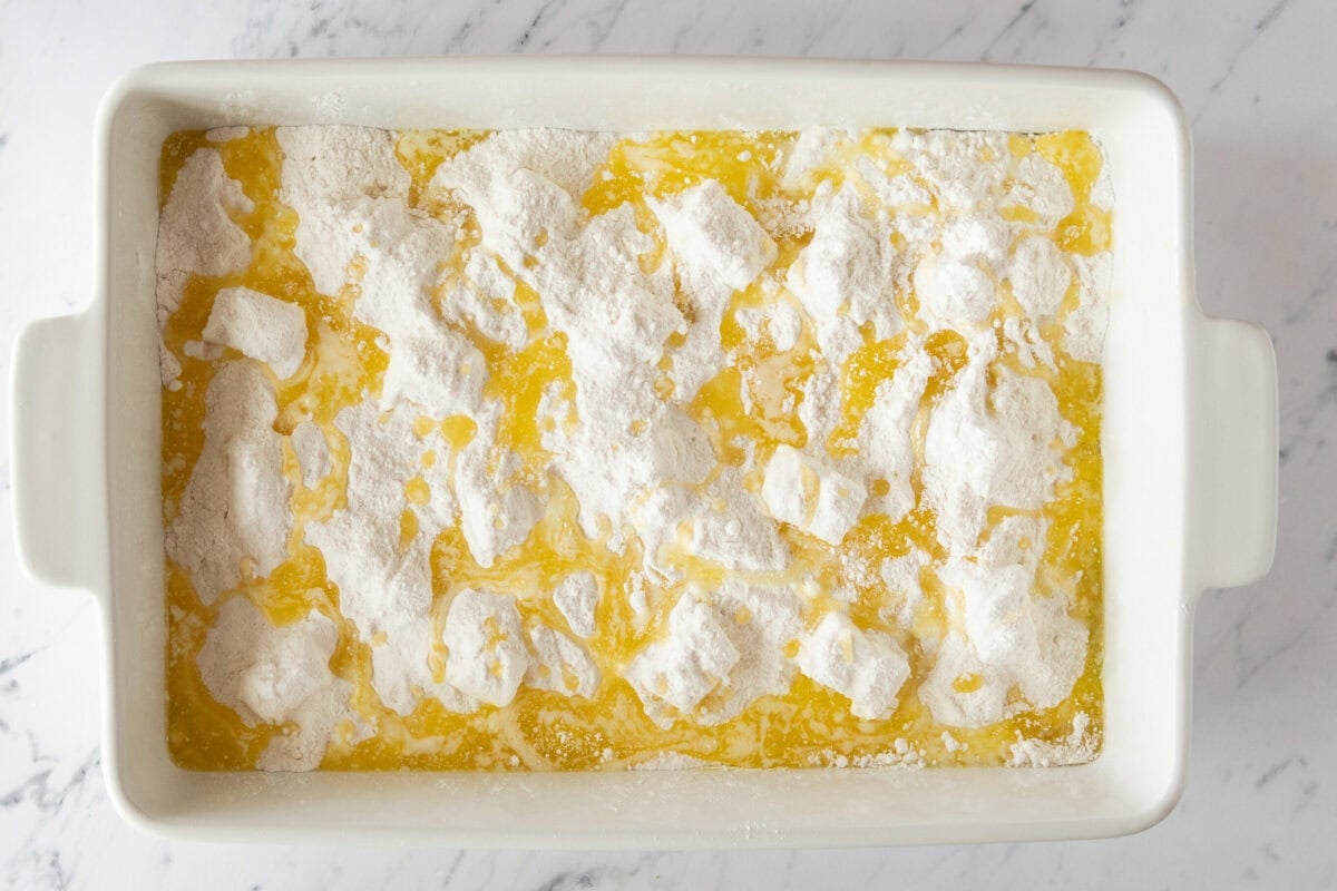 Lemon cream cheese dump cake before baking.
