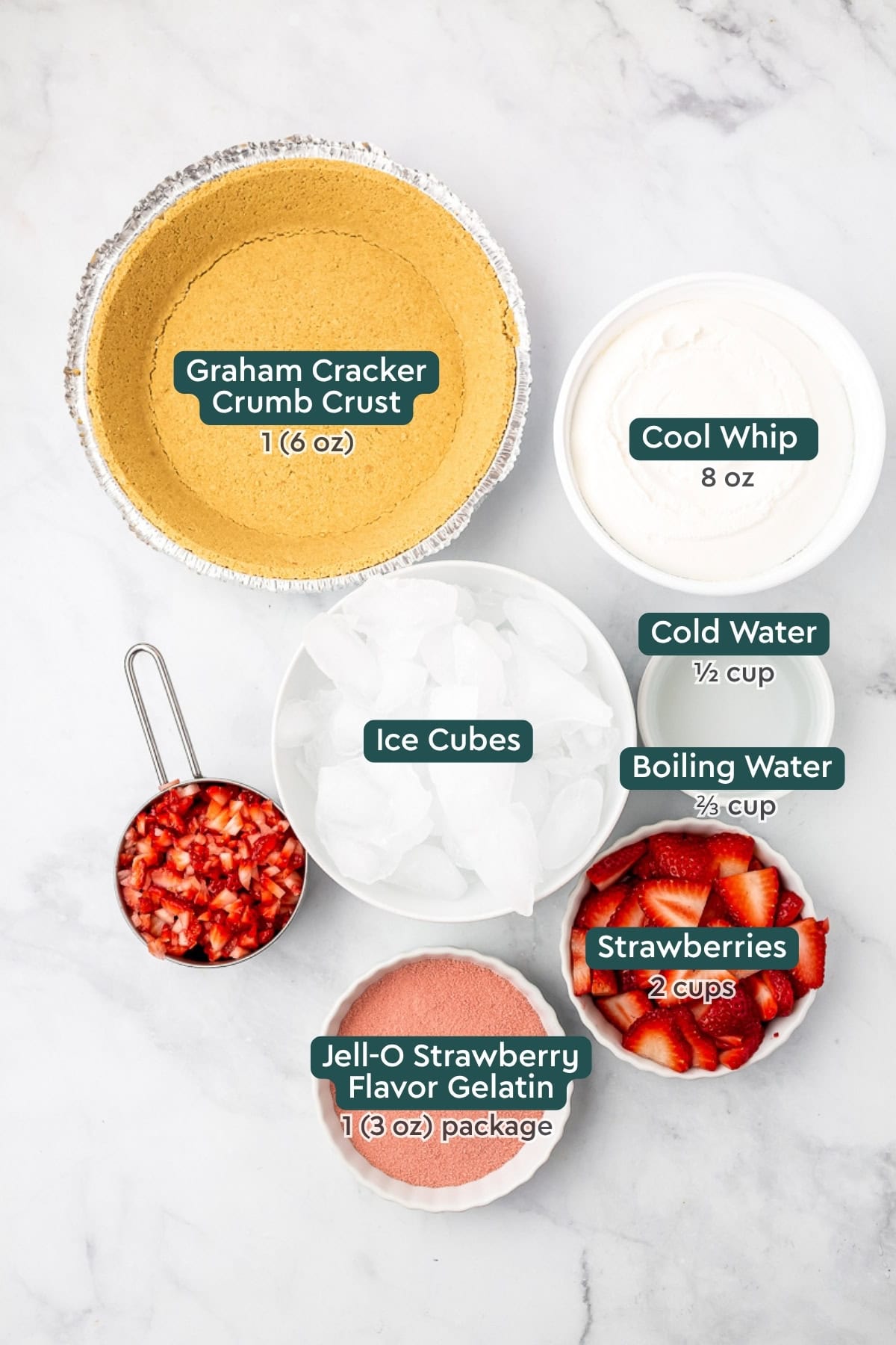Ingredients for no bake strawberry jello pie, including crust, cool whip, ice, water, strawberries, jello.
