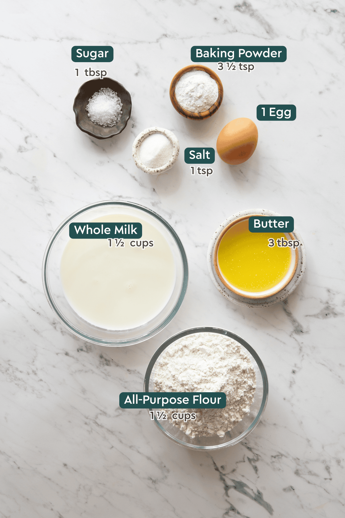 ingredients for fluffy pancakes on a table. 