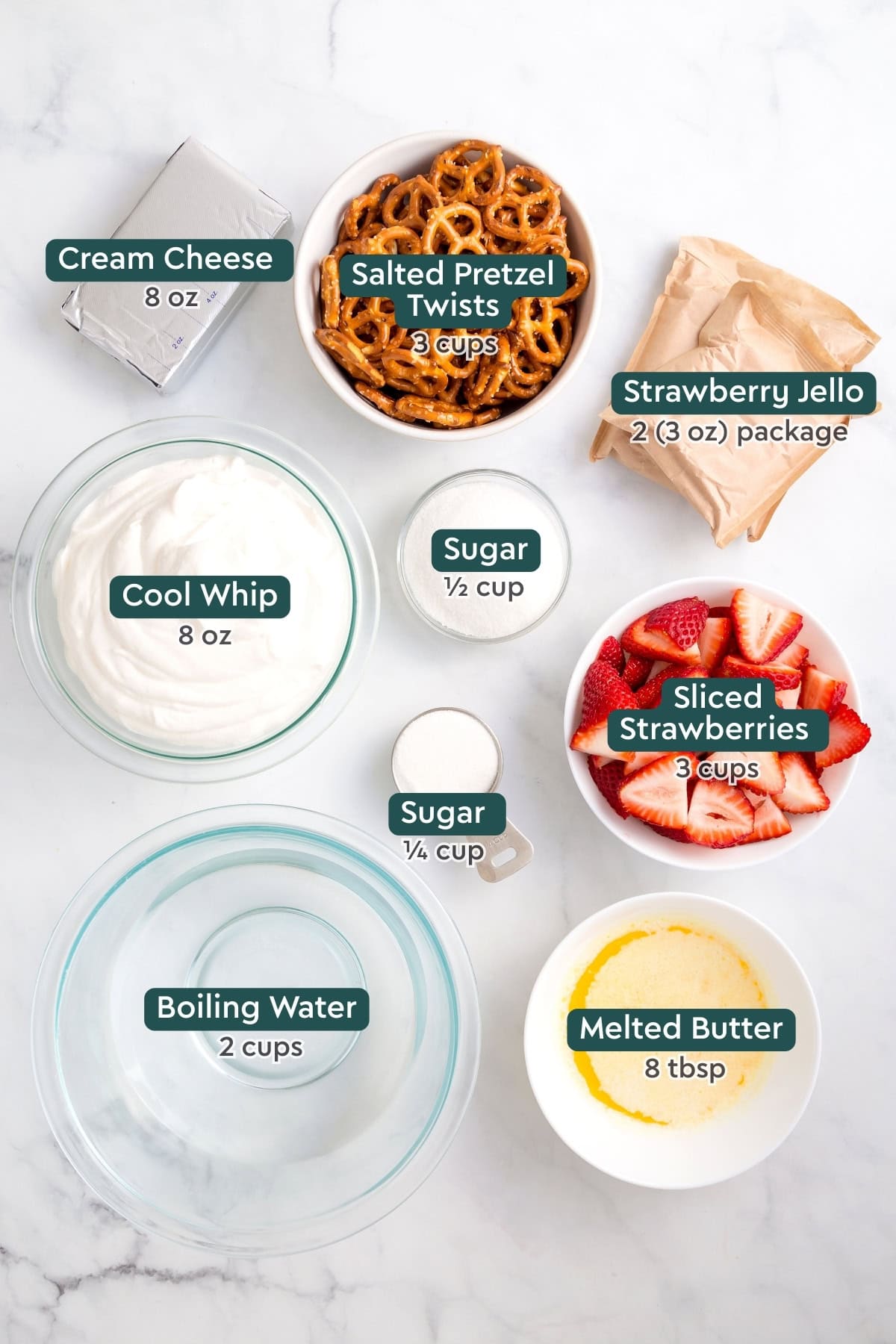 Ingredients for strawbery pretzel salad, including cream cheese, pretzels, jello, sugar, cool whip, strawberries, sugar, water, butter.