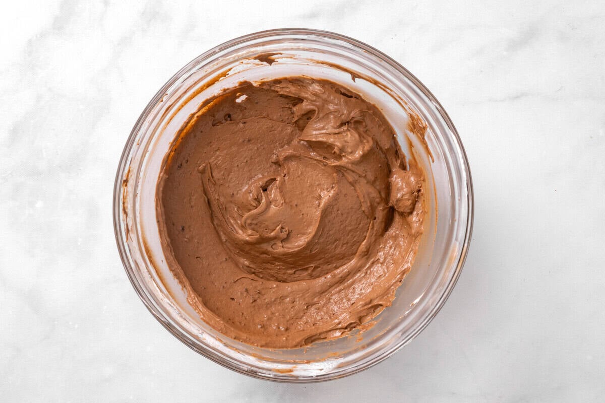 Chocolate cream pie filling in mixing bowl.
