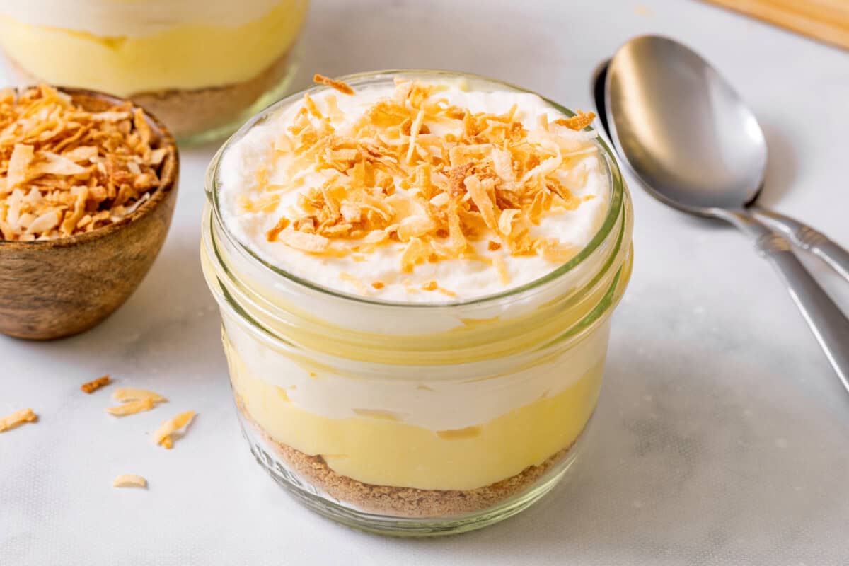 Coconut cream pie parfait in glass jar