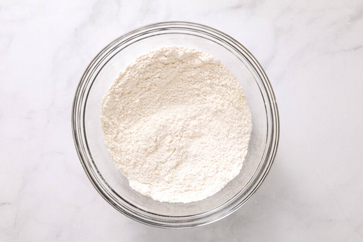 Dry ingredients for pancakes in bowl.