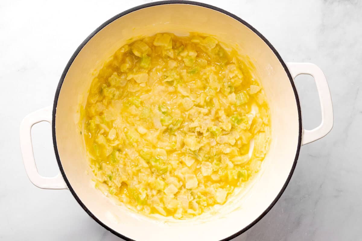 Flour added to pot of onions and celery.