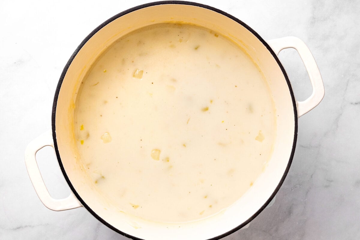 Finished cream of chicken soup in Dutch oven.