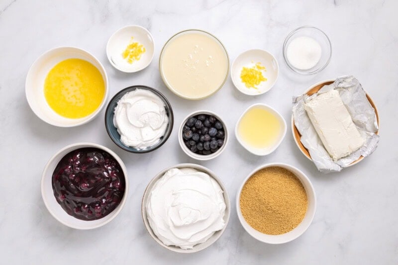 Overhead view of ingredients for lemon blueberry delight