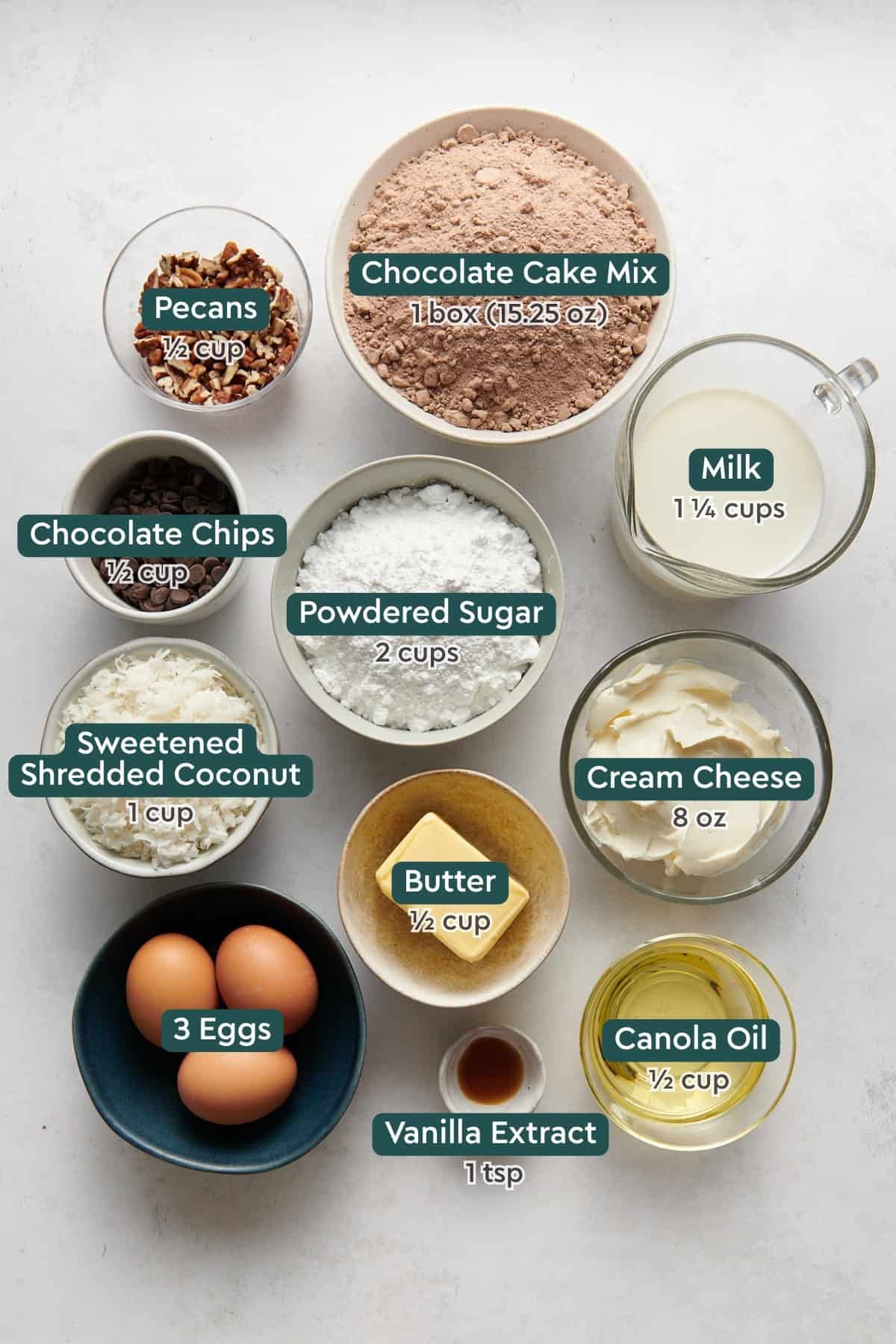 Ingredients for earthquake cake, including cake mix, pecans, milk, chocolate chips, powdered sugar, cream cheese, coconut, butter, eggs, oil, vanilla.