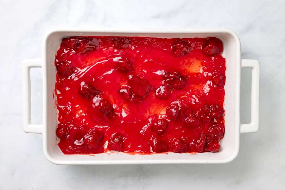 Strawberry filling in baking dish.