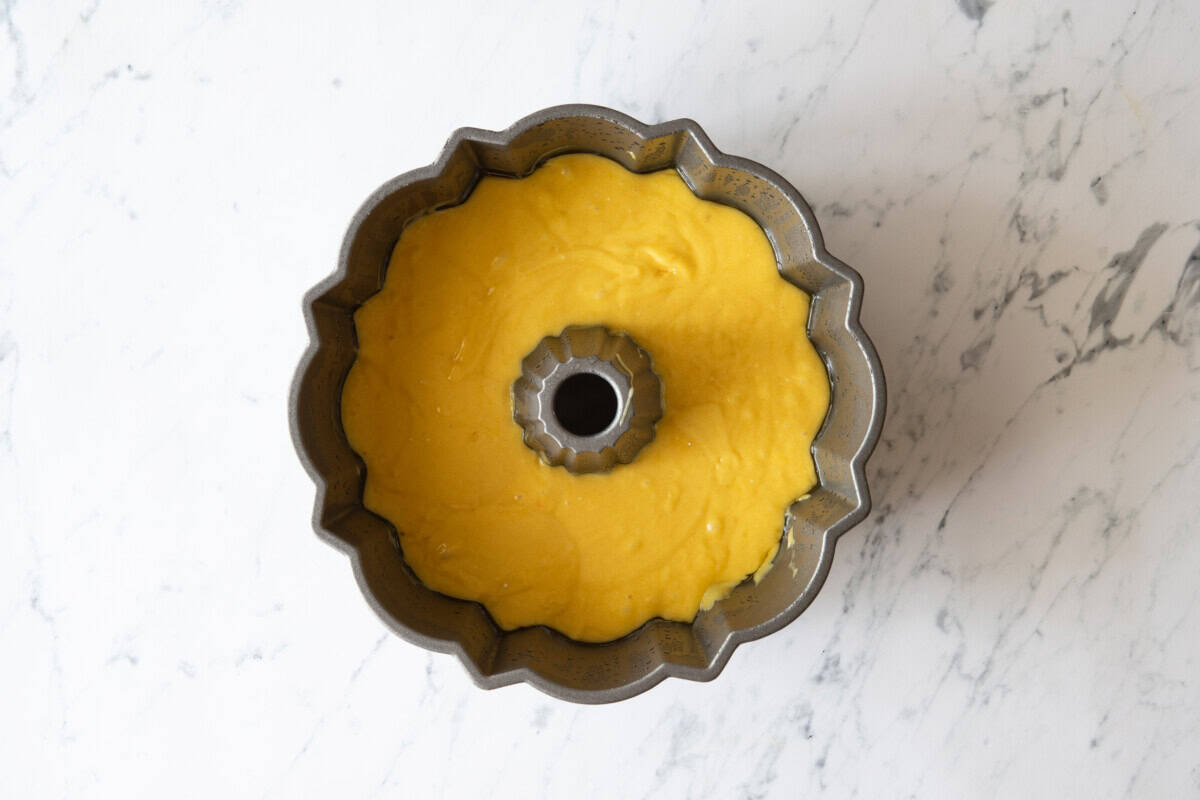 7up cake batter in bundt pan.