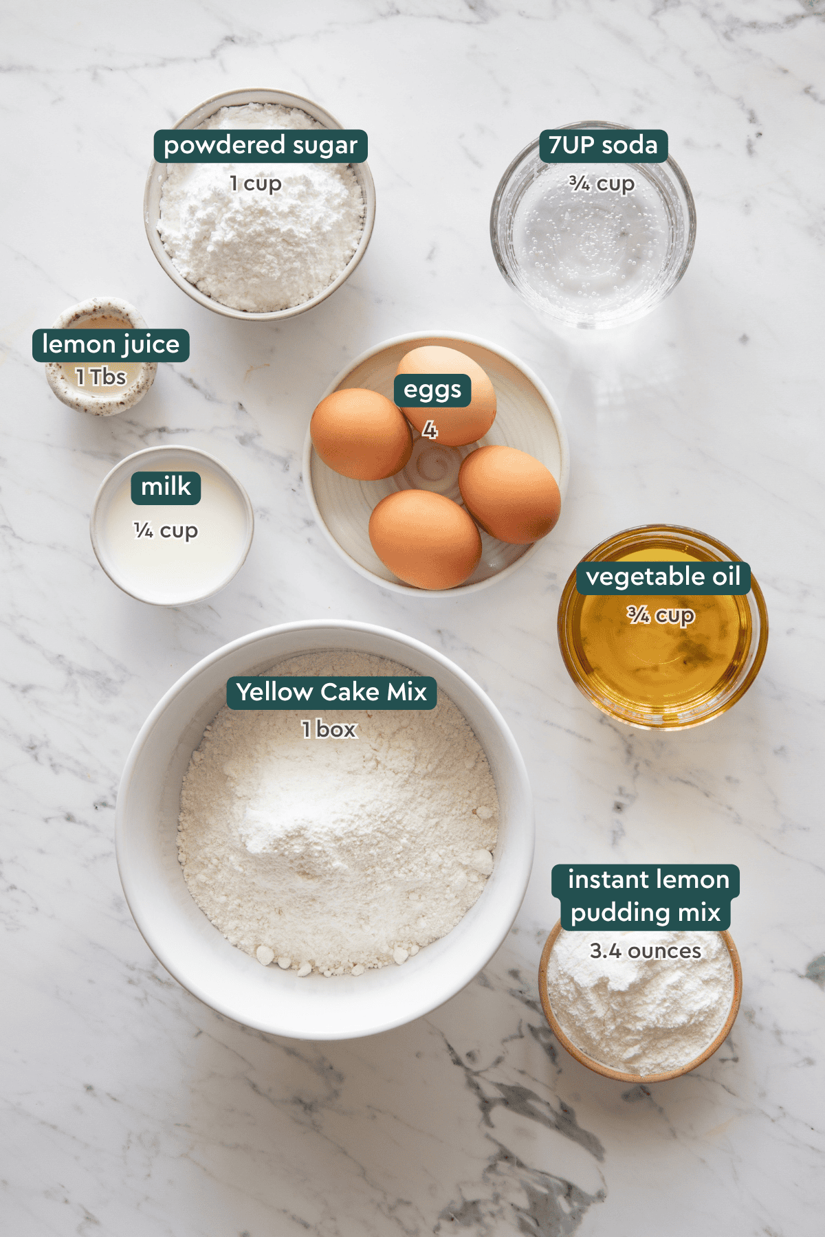 ingredients for recipe labeled in bowls. 