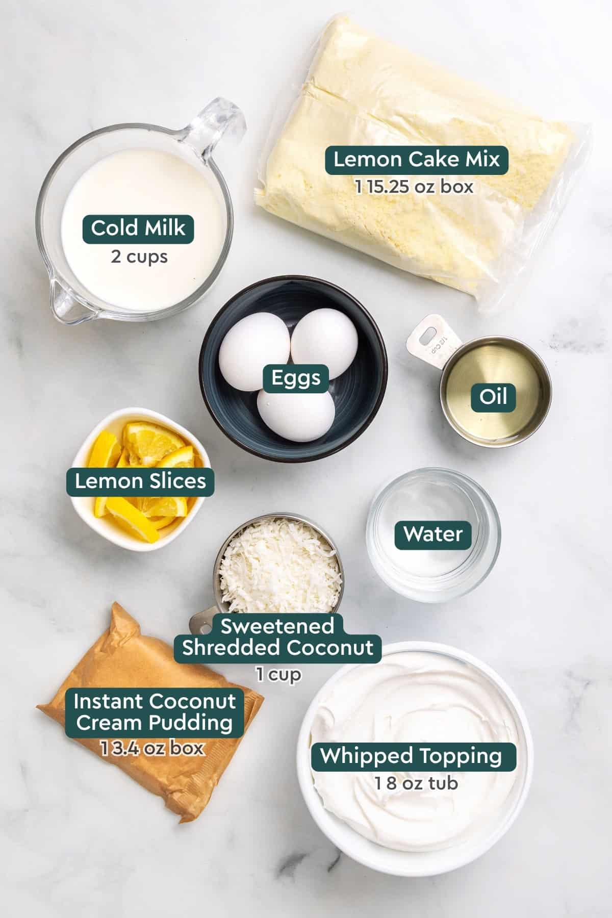 Ingredients for lemon coconut poke cake, including cake mix, milk, eggs, oil, lemon, water, coconut, pudding, whipped topping.