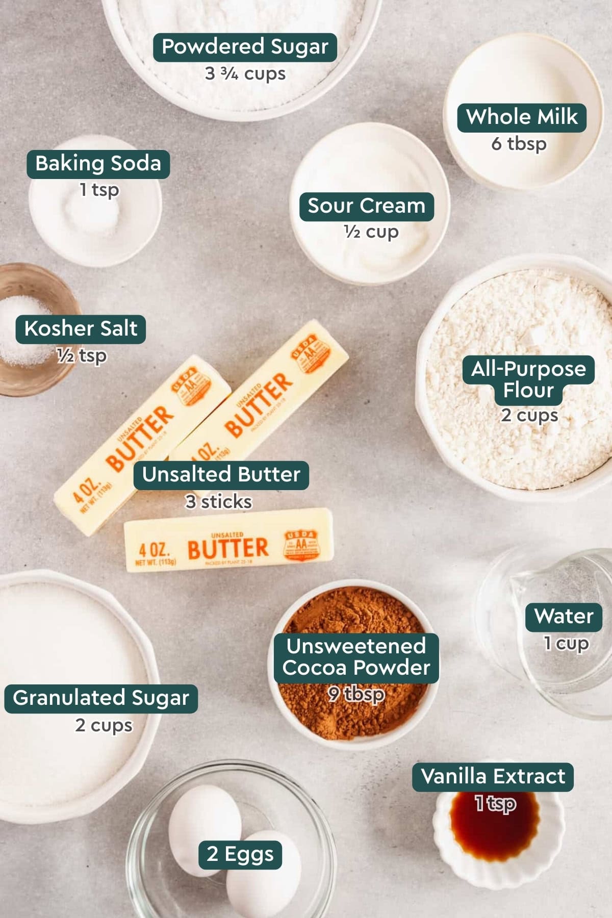 Ingredients for Texas sheet cake, including powdered sugar, milk, sour cream, baking soda, salt, butter, flour, water, cocoa, sugar, eggs, and vanilla.