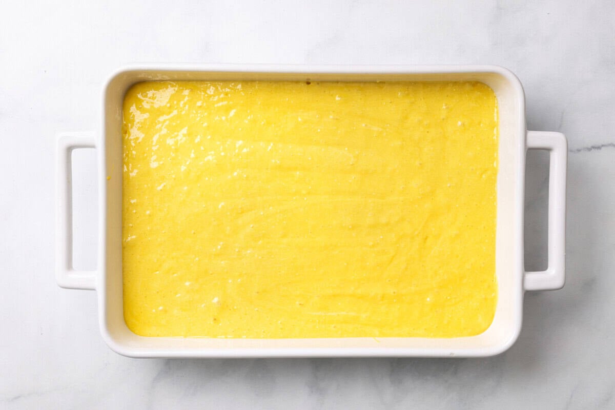Lemon cake batter in pan.