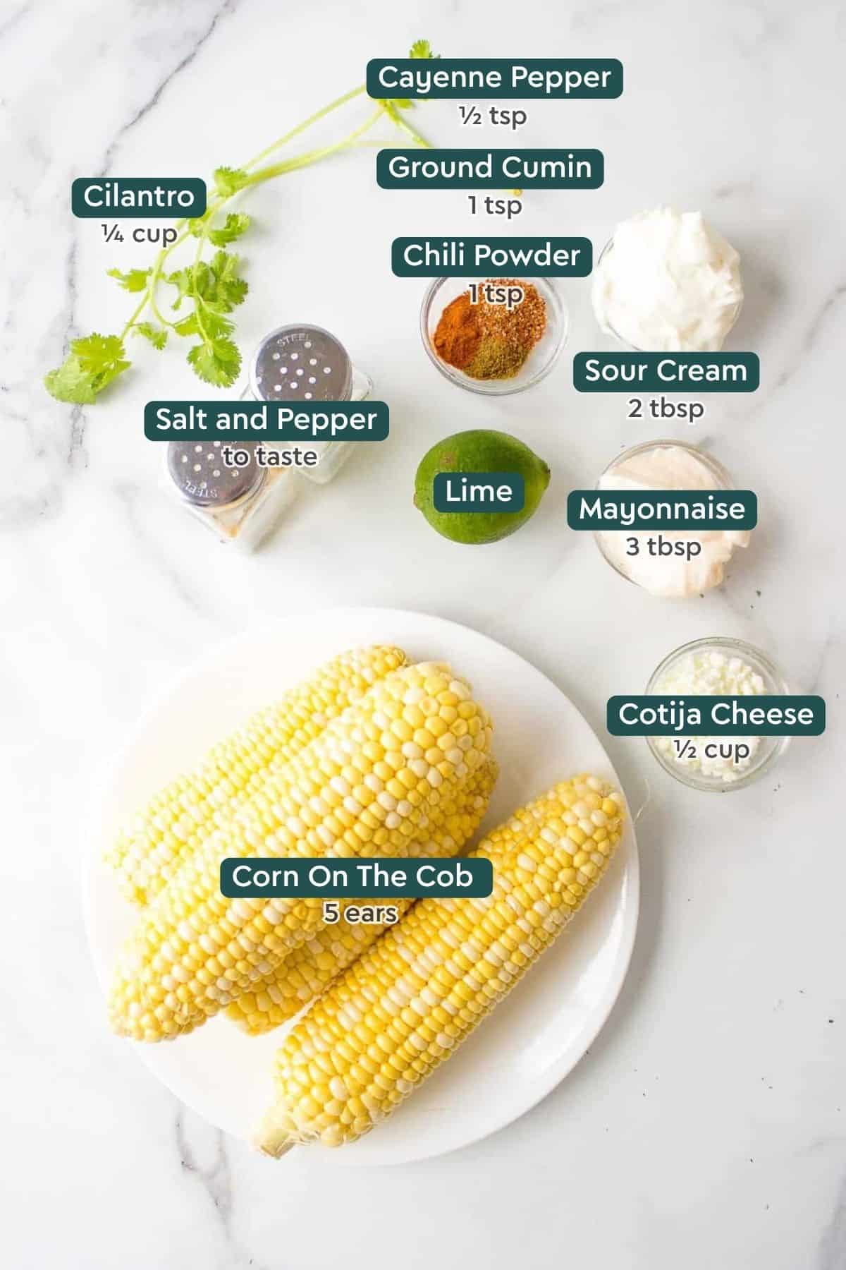 Ingredients for grilled corn, including corn and optional toppings.