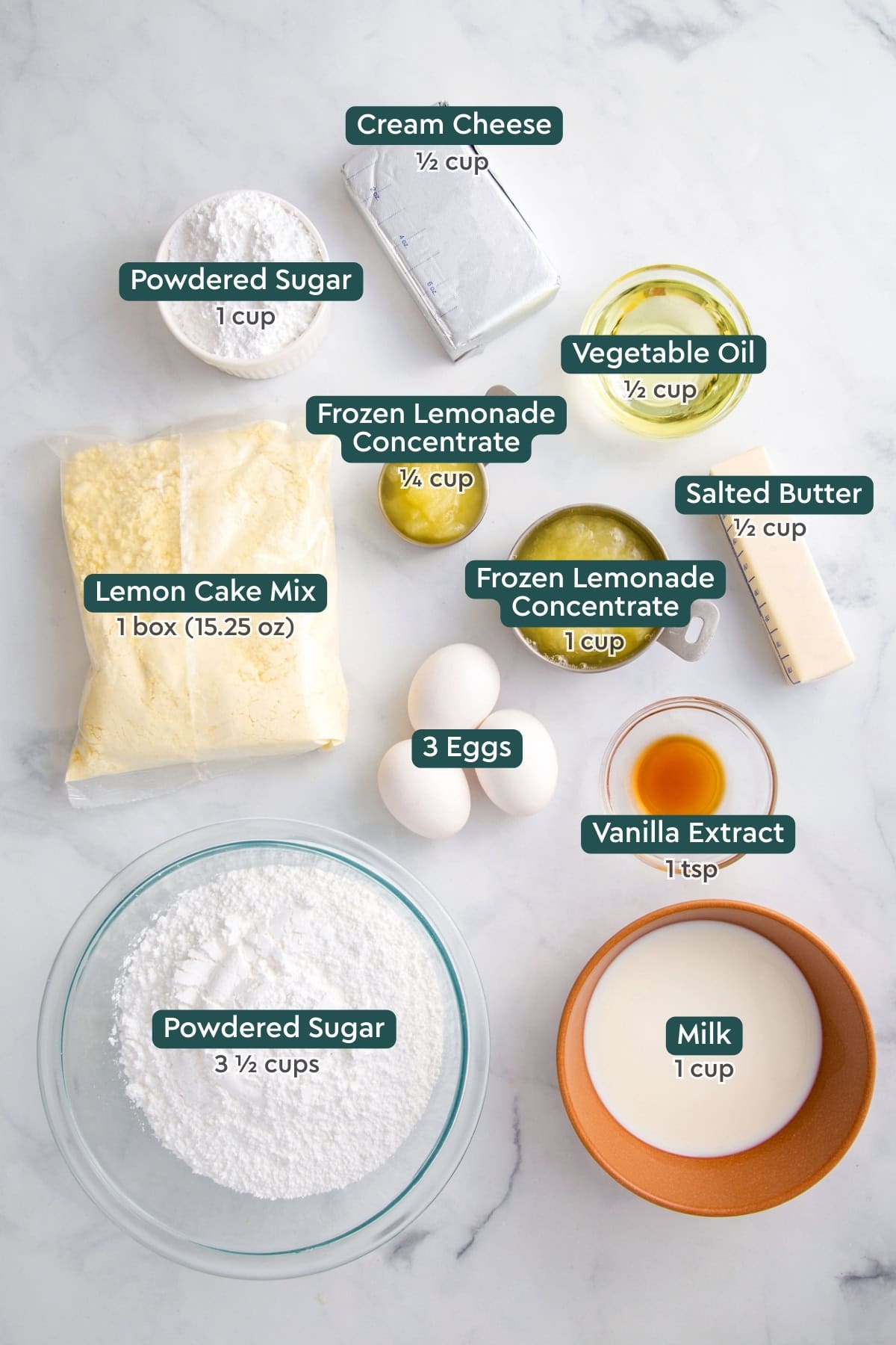 Ingredients for lemonade cake, including cream cheese, powdered sugar, cake mix, lemonade concentrate, oil, butter, eggs, vanilla, and milk.