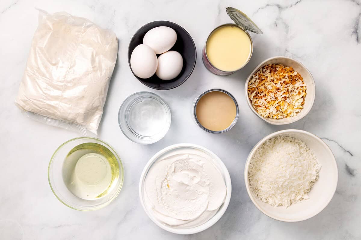 Ingredients for making coconut poke cake with cake mix. 