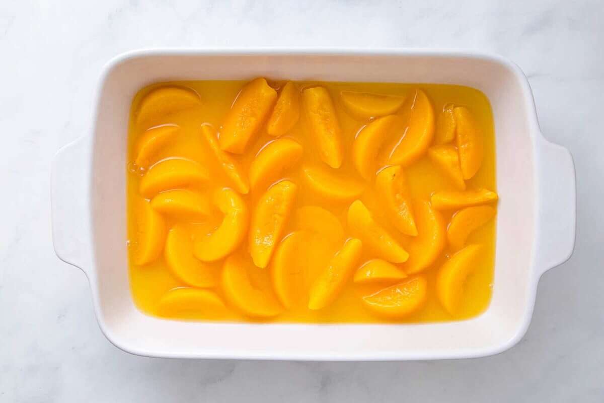 peaches in baking dish. 